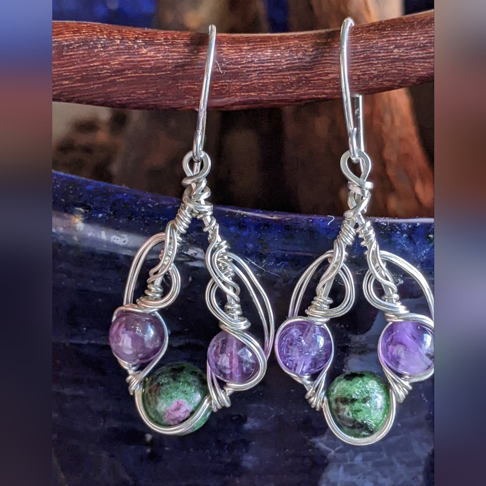 Artisanal Sterling Silver Earrings Amethyst And Ruby Zoisite Gemstones - Picture 10 of 11